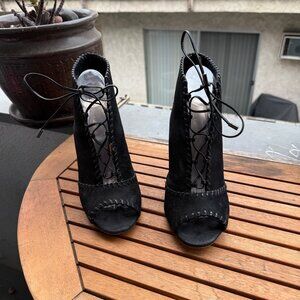 Enzo Angiolini Black Suede Open-Toe Lace-Up Heeled Ankle Boots Size 10M